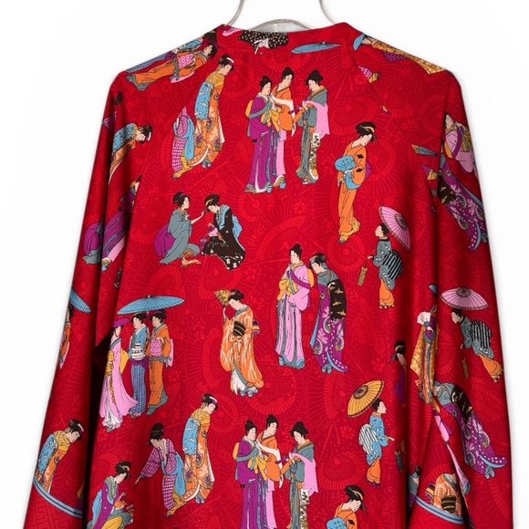 Natori Women’s L Red Poly-Satin With Colorful Figures Half-Zip Robe/Caftan - Picture 8 of 12